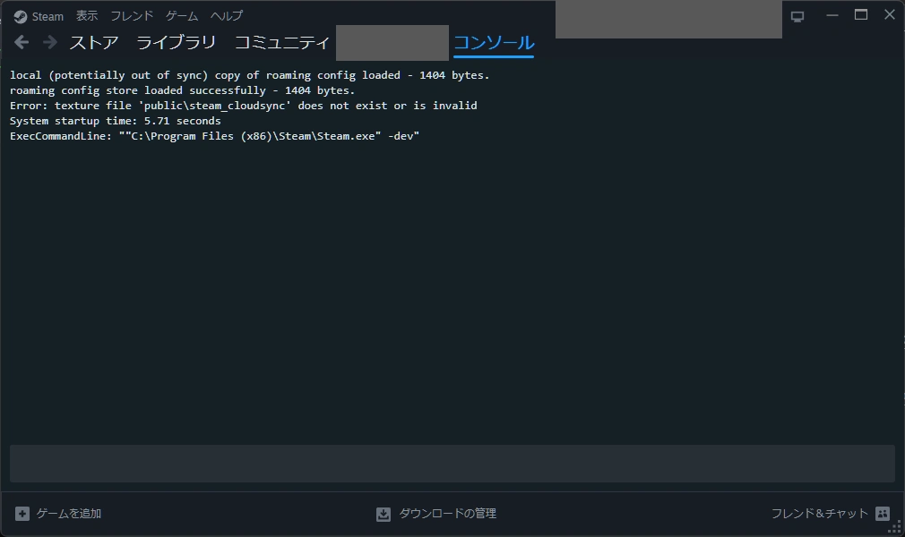 Steamクライアントのコンソールタブ
