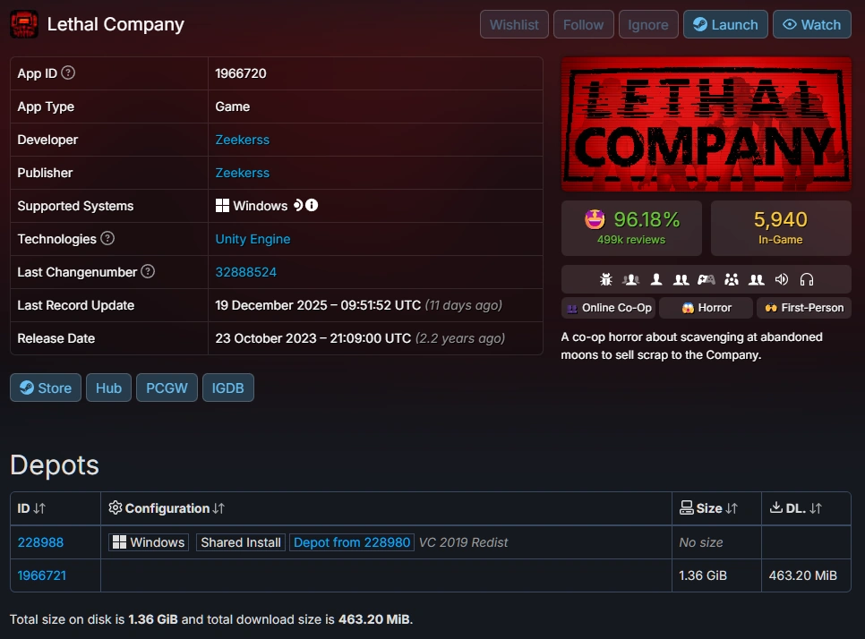 SteamDBでLethal CompanyのDepotsを確認
