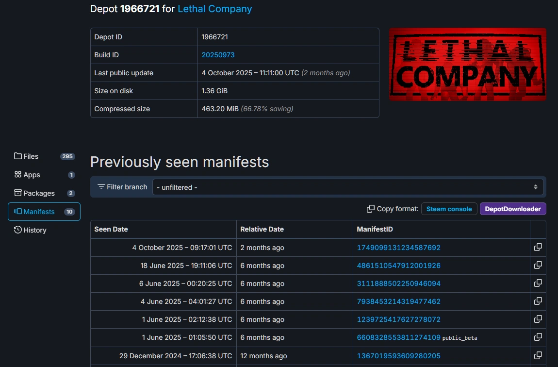 SteamDBでLethal CompanyのManifestsを確認